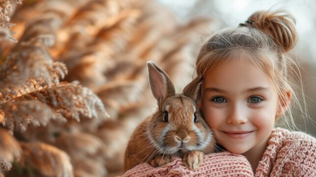 Beautiful little girl is hugging a cute rabbit