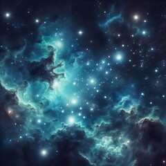 Obraz premium A starry night sky with clusters of stars and nebulae, featuring various shades of blue and green against a dark background, giving the impression of a deep space view. 