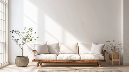 Fototapeta premium Scandinavian farmhouse living room interior, wall mockup . Generative Ai