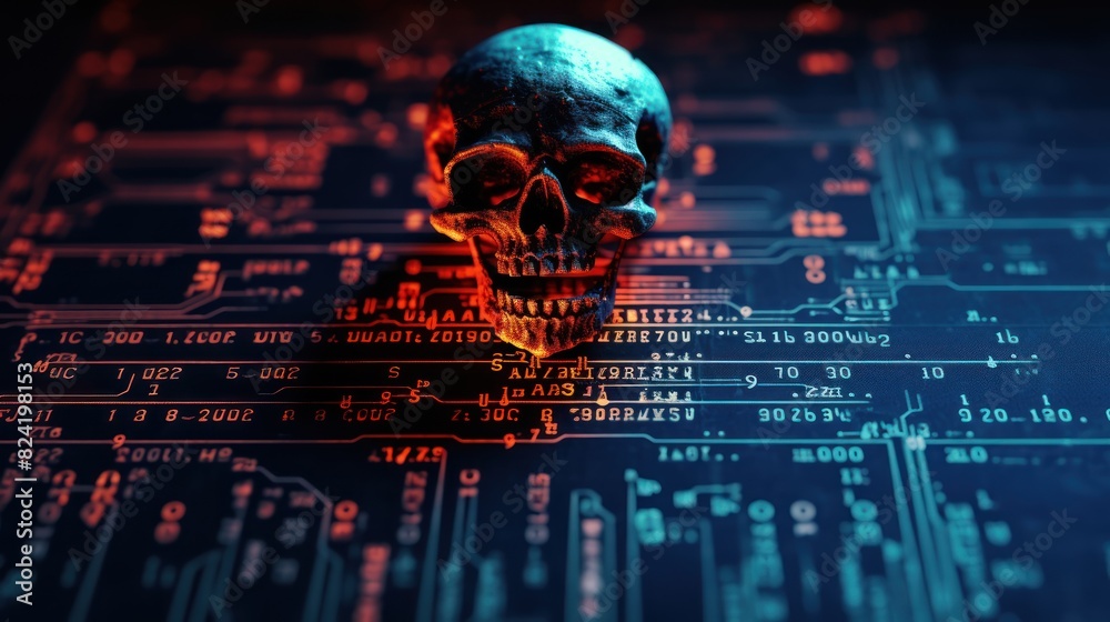 Canvas Prints Skull on a Matrix Background with copy space. Digital background. A stream of binary matrix code on the screen. numbers of the computer matrix. PC virus concept. cyber security concept.