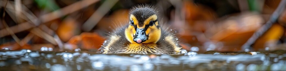 Fototapeta premium An adorable little ducking on the edge of a pond.