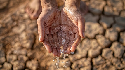 Close-up of hands holding water in the desert with cracked ground. Water is dripping from fingers due to climate change and global warming concepts. - Powered by Adobe