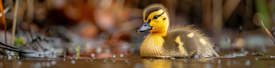 An adorable little ducking on the edge of a pond.