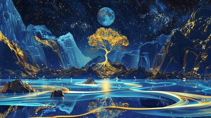 3D modern art mural, blue night landscape, dark mountains in the background, giant golden tree in the center, flowing gold waves around
