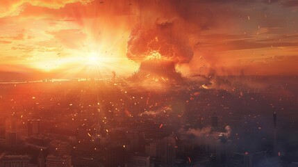 A terrifying view of a nuclear explosion's mushroom cloud rising above a cityscape, the horizon ablaze with fiery hues, debris scattered in the air