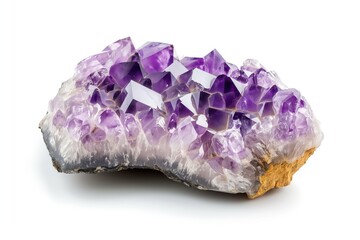 Amethyst quartz geode close up. Stone crystals isolated on white background