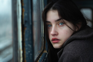 Fototapeta premium Young woman looking out of the train window
