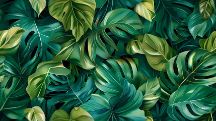 A seamless pattern of dense watercolor jungle leaves