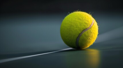 A close-up of a used tennis ball on a hard court. The ball is in focus and the court is out of focus.