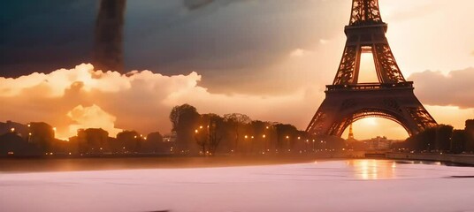 eiffel tower under a golden lightning storm with dramatic black clouds