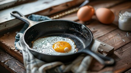 Cast iron skillet with sunny-side up eggs, rustic breakfast setup, morning light, detailed and inviting