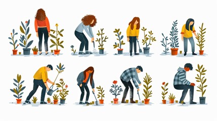 Naklejka premium Save planet people poster. Men and women watering plants and picking up trash. Activists and volunteers care about narure and ecology, environment. Cartoon flat vector illustration