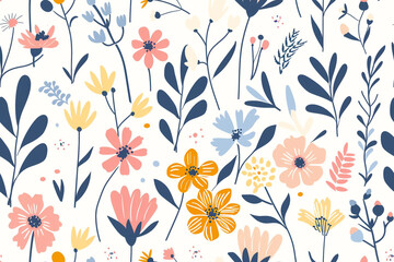 Watercolor floral seamless pattern in doodle style. Print with abstract flowers, leaves, and plants