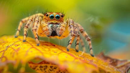 Close-up of a jumping spider on a vibrant yellow leaf, showcasing detailed textures and eye reflections, blurred greenery background