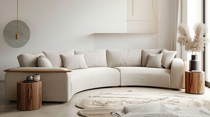 Stylish curved modern sofa in a minimalist living room setting. Generative Ai