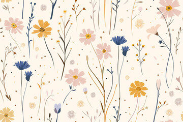 Watercolor floral seamless pattern in doodle style. Print with abstract flowers, leaves, and plants