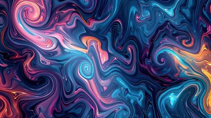 A mesmerizing fluid art abstract background showcasing intricate swirling patterns in deep blues, pinks, and oranges, creating a captivating and luxurious visual.