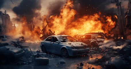 A luxury sports car is on fire on a city street, surrounded by intense flames and smoke.