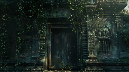 Ancient temple doors, weathered and overgrown with vines, slowly creaking open to reveal an unknown darkness