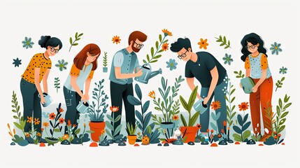 Fototapeta premium Save planet people poster. Men and women watering plants and picking up trash. Activists and volunteers care about narure and ecology, environment. Cartoon flat vector illustration