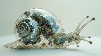Futuristic mechanical snail with intricate gears and transparent