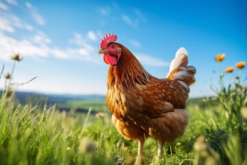 A chicken is standing in a field of grass