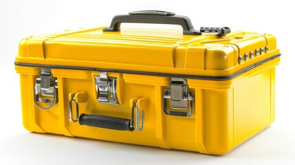 Detailed image of a rugged toolbox, bright yellow features, ideal for all repair tasks, isolated white background, studio lights, durable build