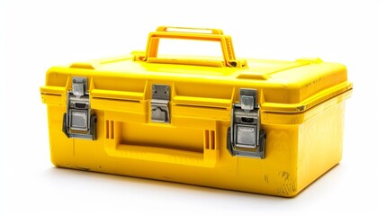 Fototapeta premium Detailed image of a rugged toolbox, bright yellow features, ideal for all repair tasks, isolated white background, studio lights, durable build