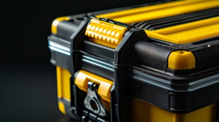 Detailed image of a rugged toolbox, bright yellow features, ideal for all repair tasks, isolated white background, studio lights, durable build