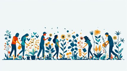 Save planet people poster. Men and women watering plants and picking up trash. Activists and volunteers care about narure and ecology, environment. Cartoon flat vector illustration