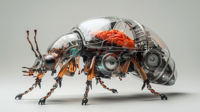 Futuristic robot insect with exposed mechanisms and artificial b