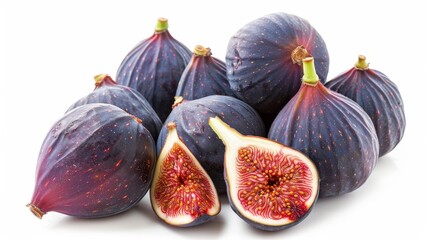 Close-up pile of figs with a cut fig, vibrant purple hues, isolated on a pristine white background, studio lighting