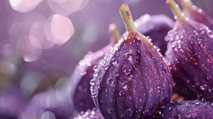 Close-up on juicy purple figs with sparkling water drops, foggy and blurred background, sharp texture details, natural lighting, serene mood