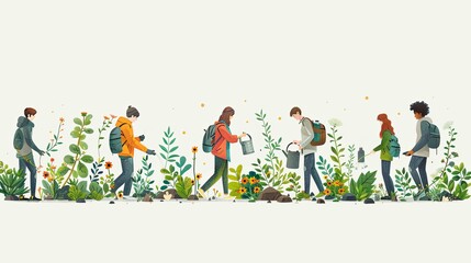 Save planet people poster. Men and women watering plants and picking up trash. Activists and volunteers care about narure and ecology, environment. Cartoon flat vector illustration