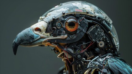 Close-up of a mechanical bird with intricate details, showcasing