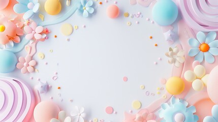 Cute and colorful pastel shapes, abstract and cartoonish, creating a decorative border with empty space in the center for mock-up messages