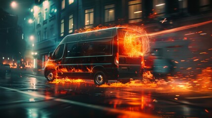 Delivery van with wheels engulfed in flames, racing through urban streets at night, showcasing the speed of modern logistics