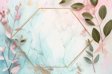 Pre made templates collection, geometric frame - cards with gold, pink, turquoise textures backgrounds. Wedding concept. Floral poster. Greeting card, invitation design background, birthday party