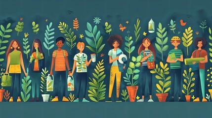 Save planet people poster. Men and women watering plants and picking up trash. Activists and volunteers care about narure and ecology, environment. Cartoon flat vector illustration