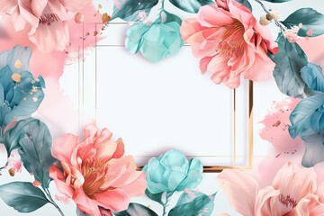 Pre made templates collection, geometric frame - cards with gold, pink, turquoise textures backgrounds. Wedding concept. Floral poster. Greeting card, invitation design background, birthday party