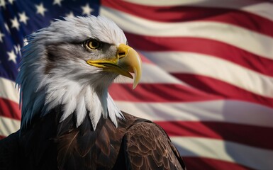 Naklejka premium Half-body American bald eagle on the left, blurred American flag background