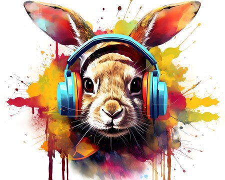 The design of the hip-hop crazy rabbit, the lines are bold and crisp, wearing large glasses Attach a vintage radio to the shoulder, Vintage, Playful, Bright colors, Photography