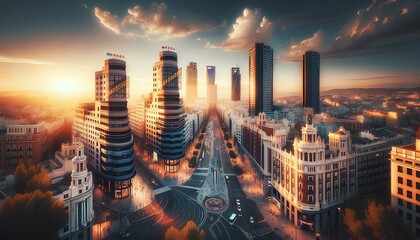 The image shows a wide-angle street shot of Madrid in the evening light, featuring a cityscape...