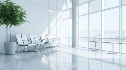 Empty modern hospital corridor, clinic hallway interior background with white chairs for patients waiting for doctor visit. Contemporary waiting room in medical office