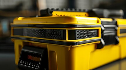 Focused image of a solid toolbox, bright yellow details, for repair work, isolated in studio, durable construction