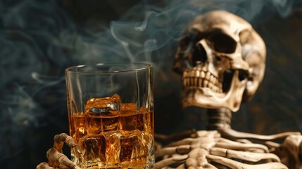 Detailed skeleton with a glass of whiskey, dark background, illustrating the deadly consequences of alcohol use
