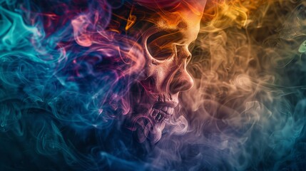 Fototapeta premium Dramatic close-up, psychedelic smoke enveloping a person, skull shapes in the smoke, dark background, vivid colors