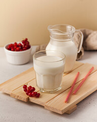 Fresh farm milk served in a clear glass and jug with red currants and straws