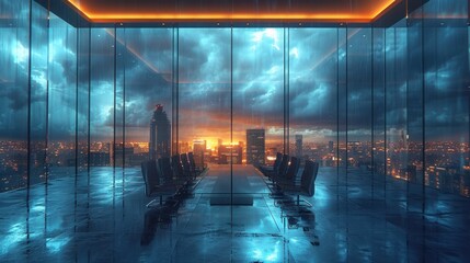 Realistic business setting with dramatic thunderstorm lighting and growth motifs