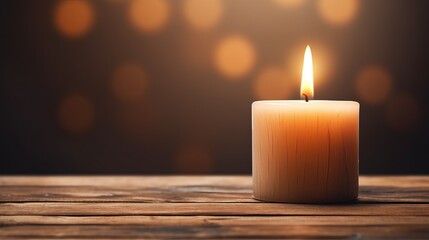 A candle is lit on a wooden table